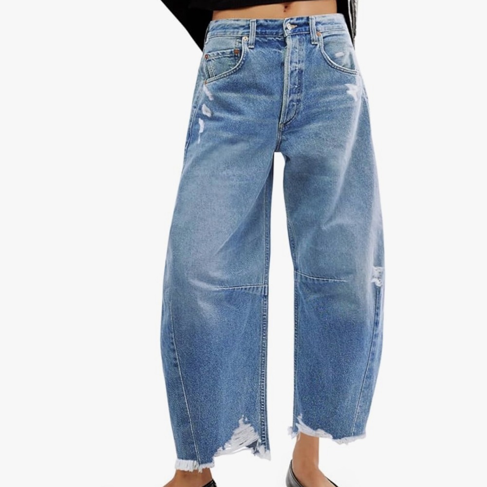 Barrel Leg Distressed Blue Jeans